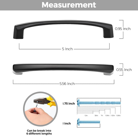 Measurements of 30 Pack 5 Inch Hole Center Kitchen Cabinet Handles Curved Black Zinc Alloy Drawer Pulls and adjustable screws.