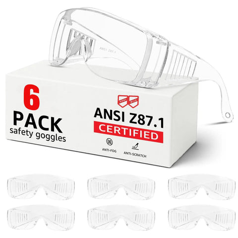 Over Eyeglasses Safety Goggles 6 Pack Anti Fog Anti Scratch ANSI Z87.1 Polycarbonate Wraparound Lenses For Men Women