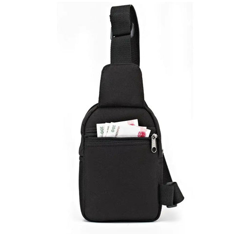 Ergonomic Sling Bag Chest Backpack For Men And Women Crossbody Tool Pouch Waterproof Lightweight Everyday Carry EDC Gear Bag Dope Versatile Outdoor Adventure Black with front pocket zip and money inside.