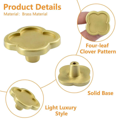 Two Pack Clover Shaped Brass Knob Set For Dresser Wardrobe Cabinets And Doors With Dope Gold Finish, solid base shown