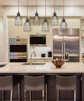 Six Light Wood Pendant Light for Kitchen Island With Industrial Black Metal Cage Shades Farmhouse Linear Flush Mount Chandelier