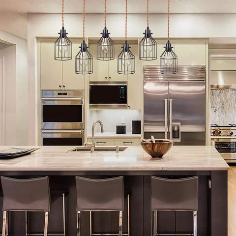 Six Light Wood Pendant Light for Kitchen Island With Industrial Black Metal Cage Shades Farmhouse Linear Flush Mount Chandelier