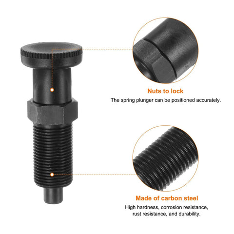 Heavy Duty Push Fit Ball Nose Spring Plunger With M20x1.5 Thread And 1.3 Inch Length showing carbon steel construction and locking mechanism.
