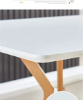 Slick Modern White Dining Table With Scratch Resistant Top and Heavy Duty Metal Bottom Shelf close-up of arc corner and thickened smooth surface.