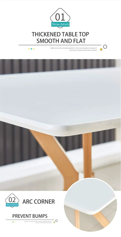 Slick Modern White Dining Table With Scratch Resistant Top and Heavy Duty Metal Bottom Shelf close-up of arc corner and thickened smooth surface.