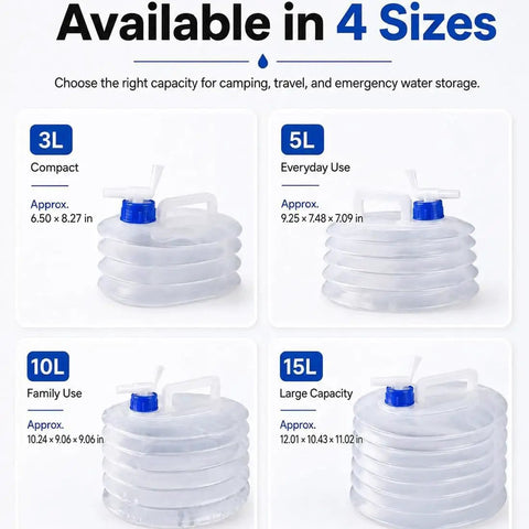 Collapsible Water Container With Spigot And Foldable Accordion Design in 4 sizes: 3L, 5L, 10L, and 15L, shown with blue spigots.