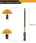 Heavy Duty T10 Torx Screwdriver Bits 4 Inch Long 1/4 Inch Hex Shank specifications with size and profile details.