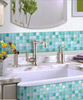 Peel And Stick Backsplash Tiles For Kitchen And Bathroom 3D Subway Style Self Adhesive Vinyl Tiles Waterproof Blue Marble Look Diy Friendly Removable Wall Sticker 4 Sheet Pack For Shower installed elegantly behind a kitchen sink.