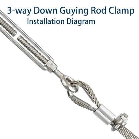 Three Way Guy Wire Ring Kit With 100 Ft Wires And Mount Accessories, 3-way guying rod clamp installation close-up