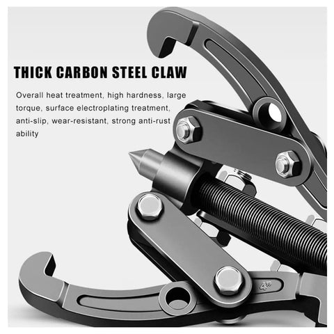 Close-up of Beefy 3 Jaw Gear Puller with thick carbon steel claw, heat-treated for large machinery dismantling.