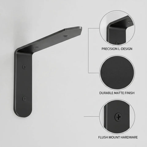 Tough As Nails Black L Shaped Shelf Bracket Stainless Steel Wall Mount For Floating Shelves, precision L-design, matte finish.