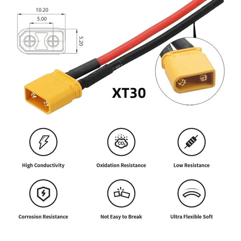 XT30 Power Connector Male To Male 18AWG Extension Cable No-Fuss High Current And Low Resistance Antioxidant Anti-Corrosion Diagram