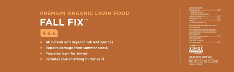 Bag label of Fall Fix 5 5 5 100 Percent Organic Grass Fertilizer For Fall Seeding And Lawn Recovery, 25 Pound Bag