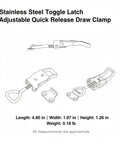 Diagram of Rugged Stainless Steel Toggle Latch Quick Release Draw Clamp, showing adjustable fit dimensions for lids.