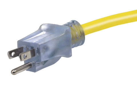 Workhorse Heavy Duty Extension Cord Featuring Nickel Plated Brass Prongs And Complete Oil Proof Waterproof Protection Fifty Foot Ultra Flexible Yellow Line close-up of plug end with prongs
