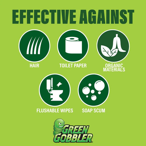 Diagram showing items Drain Opening Pacs For Clogged Toilets Sinks Showers And Tubs Hair Clog Remover Toilet Clog Remover Septic Safe work on: hair, toilet paper, organic materials, flushable wipes, soap scum.