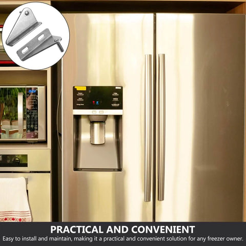 Professional Refrigerator Door Hinges For Freezers Stainless Steel Adjustable 2.95x1.5x0.98 Inch Small Freezer Replacement Hinge shown next to a stainless steel refrigerator.
