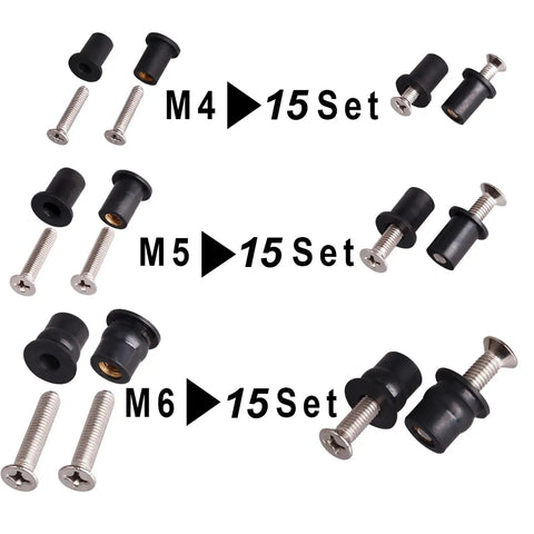Beefy Neoprene Well Nuts Kit With Stainless Steel Screws M4 M5 M6, 45 Pairs Rubber Well Nuts shown with sizes M4, M5, M6