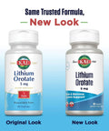Lithium Orotate 5mg chelated supplement bottles, original and new look, for mood support in organic rice bran extract, 60 veg caps.