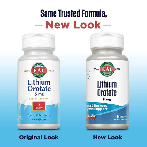 Lithium Orotate 5mg chelated supplement bottles, original and new look, for mood support in organic rice bran extract, 60 veg caps.
