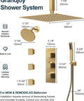 GRANDJOY 12" Ceiling Shower System with Handheld Spray, Brushed Gold dimensions and features diagram