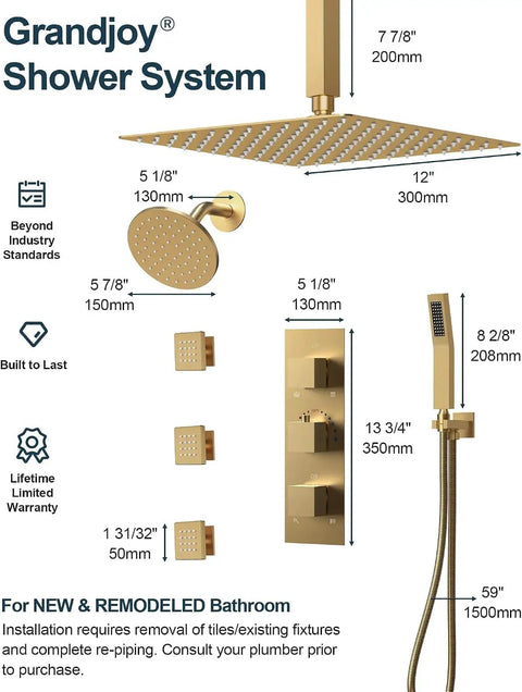 GRANDJOY 12" Ceiling Shower System with Handheld Spray, Brushed Gold dimensions and features diagram
