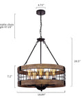 Dope Rustic Farmhouse 19 Inch Chandelier With Wood And Black Metal Arms, 5 Light Pendant Ceiling Fixture, side view with dimensions.