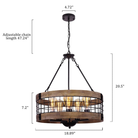 Dope Rustic Farmhouse 19 Inch Chandelier With Wood And Black Metal Arms, 5 Light Pendant Ceiling Fixture, side view with dimensions.