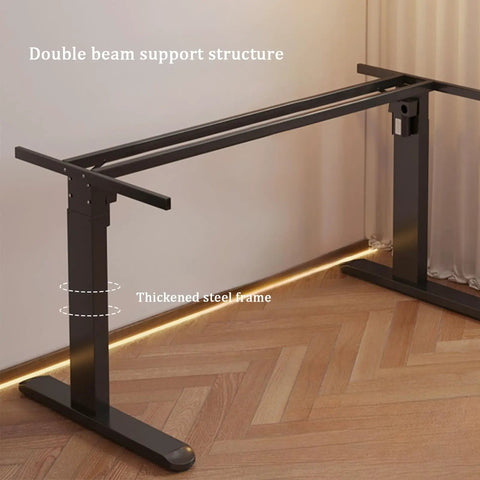 Electric Height Adjustable Standing Desk with double beam support, thickened steel frame for durability, black color.