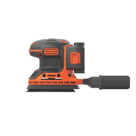 Side view of cordless orbital sander with 12,000 OPM, lightweight design, and hook-and-loop sandpaper system, shown with battery.