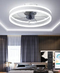 20 Inch Smart Ceiling Fan With Remote And App Control And Light No Fuss Modern Flush Mount Bladeless Ceiling Fan With 3 Color Modes And 6 Speeds Low Profile Ceiling Lighting Fan For Bedroom Living Room Kitchen White installed in a bedroom with remote and smartphone app view.