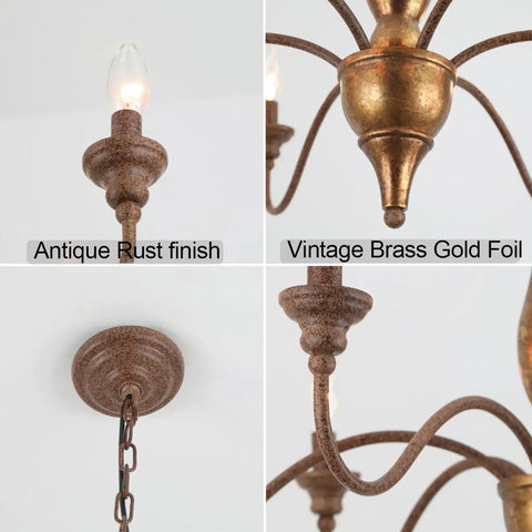 Close-up of fixture details of Six Light Distressed White French Country Candle Chandelier with antique rust and brass gold foil finish.