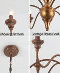 Close-up of Distressed Candle Chandelier Vintage Style Light Fixture showing antique rust and vintage brass gold foil details.