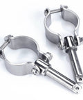 Front view of two clamp-on 316 stainless steel oarlocks with bolts for boat rowlock sockets