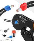 All Purpose Wire Ferrule Kit For 8 To 22 AWG 750 Piece Dual Bootlace Ferrules Set With Copper Tin Plated Ends Insulated PVC Sheath Twin Ferrule Connectors Pro DIY Terminal Kit Delivers Safe Clean Wiring shown with crimping tool and ferrules