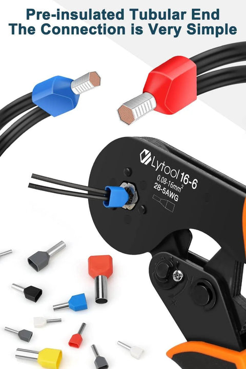 All Purpose Wire Ferrule Kit For 8 To 22 AWG 750 Piece Dual Bootlace Ferrules Set With Copper Tin Plated Ends Insulated PVC Sheath Twin Ferrule Connectors Pro DIY Terminal Kit Delivers Safe Clean Wiring shown with crimping tool and ferrules