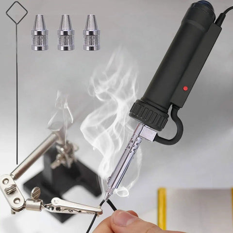 Desoldering Gun with 3 Nozzles Portable Electric Solder Sucker and Desolder Pump AC110V 30W Vacuum Tool in use with PCB repair