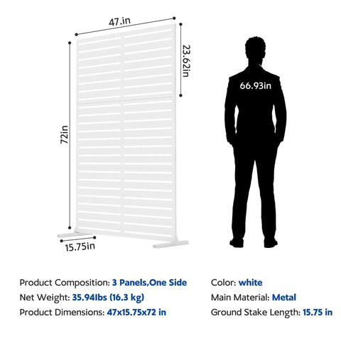 Outdoor Metal Privacy Screen Freestanding 6Ft Room Divider Panel 72In High By 47In Wide With Stand White dimensions illustration