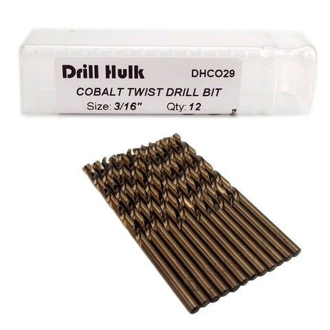 3/16 Inch Cobalt Steel Drill Bits M35 Pro Grade Jobber Length For Hard Metal And Stainless Steel, 135 Degree Split Point, 3-Flat Shank, 2-5/16 Inch Flute, 3-1/2 Inch Overall, Pack Of 12