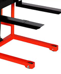 Heavy Duty Manual Hydraulic Pallet Truck With Swivel Caster Wheels Handles 200kg Like A Champ Built Tough, black forks and red base.