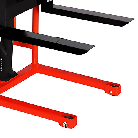 Heavy Duty Manual Hydraulic Pallet Truck With Swivel Caster Wheels Handles 200kg Like A Champ Built Tough, black forks and red base.