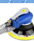 Close-up of 6 Inch Air Random Orbital Sander With Pro Grade Pneumatic Power Includes Hose And Dust Bag For Car Metal Wood Sanding.