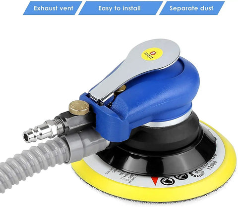Close-up of 6 Inch Air Random Orbital Sander With Pro Grade Pneumatic Power Includes Hose And Dust Bag For Car Metal Wood Sanding.