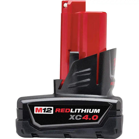 New M12 RedLithium XC4 Point Zero Starter Kit battery showing side view of 4.0Ah capacity, designed for all-day power in cordless tools.