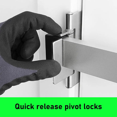 Gloved hand engaging quick release on a Heavy Duty Door Security Bar For Inward Swing Front Doors Fits 32 To 36 Inches Built Tough With Wall Stud Mount And 2000 Pound Resistance For Real Home Safety No Drilling Required And Solid Metal Bar With 3 Inch Screws