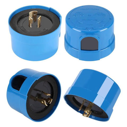 Blue weatherproof photoelectric switch for outdoor lighting, automatic day night sensor with wide voltage range, showing multiple angles
