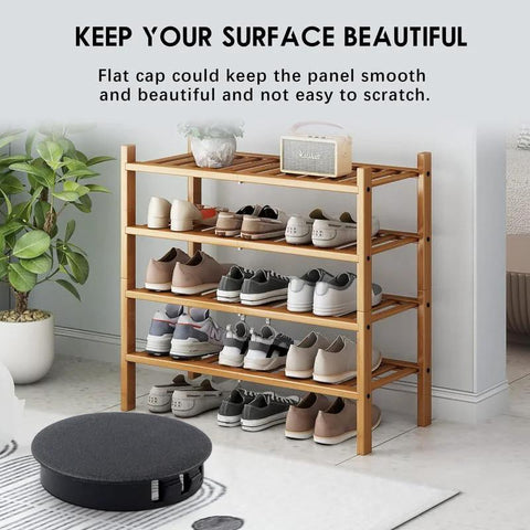 50 Pack Black Plastic Hole Plugs shown with shoe rack, featuring flush snap-in design for furniture and panel applications.