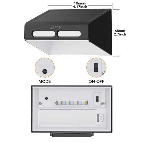 Solar Fence Lights 6 Pack With Warm White And RGB Color Glow Outdoor LED Wall Lights showing dimensions and controls