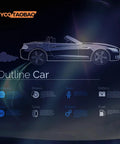 Outline of a convertible car with labels for exhaust, brakes, seats, battery, gear, tyres, engine, and fuel components.