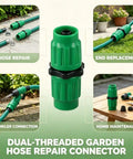 Fix Your Garden Hose Quick With Expandable Repair Kit For 5/8 And 3/4 Inch Water Lines, Dual Channel Green Plastic Connectors on garden hose